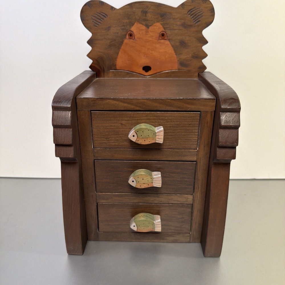 Vintage Wood Bear Doll Dresser 3 Drawer Fish Pulls‎ Miniature Cabin Decor
